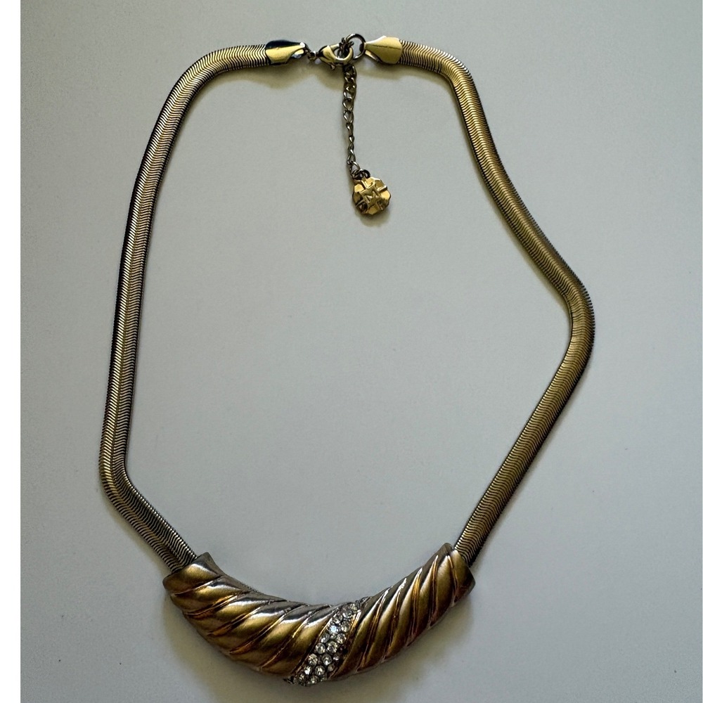 Monet Gold Tone Snake Chain‎ Necklace Rhinestone Accent Textured Crescent Collar
